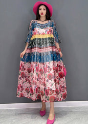 Fashion Square Collar Print Chiffon Long Dresses Short Sleeve