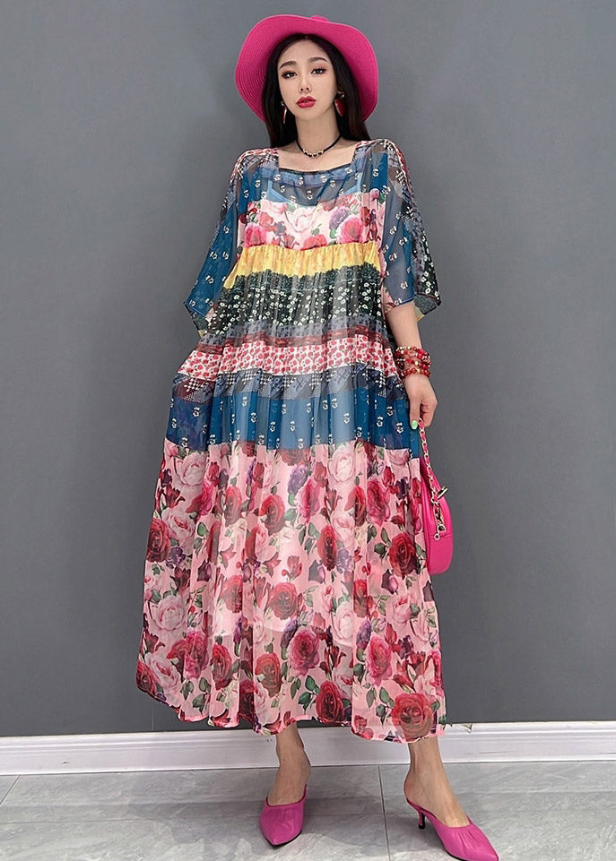 Fashion Square Collar Print Chiffon Long Dresses Short Sleeve