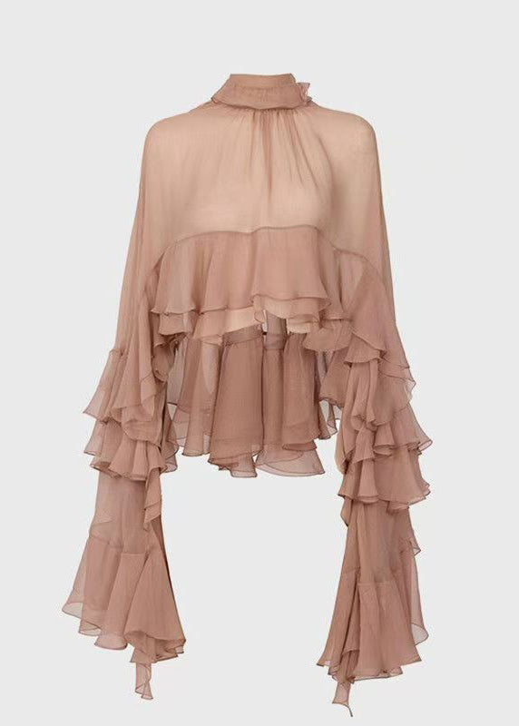 Fashion Stand Collar Ruffled Patchwork Chiffon Shirt Long Sleeve