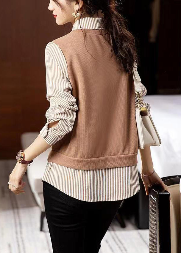 Fashion Striped Patchwork False Two Pieces Cotton Top Long Sleeve