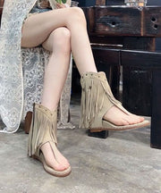 Fashion Tasseled Rivet Splicing Wedge Thong Sandals Apricot Suede