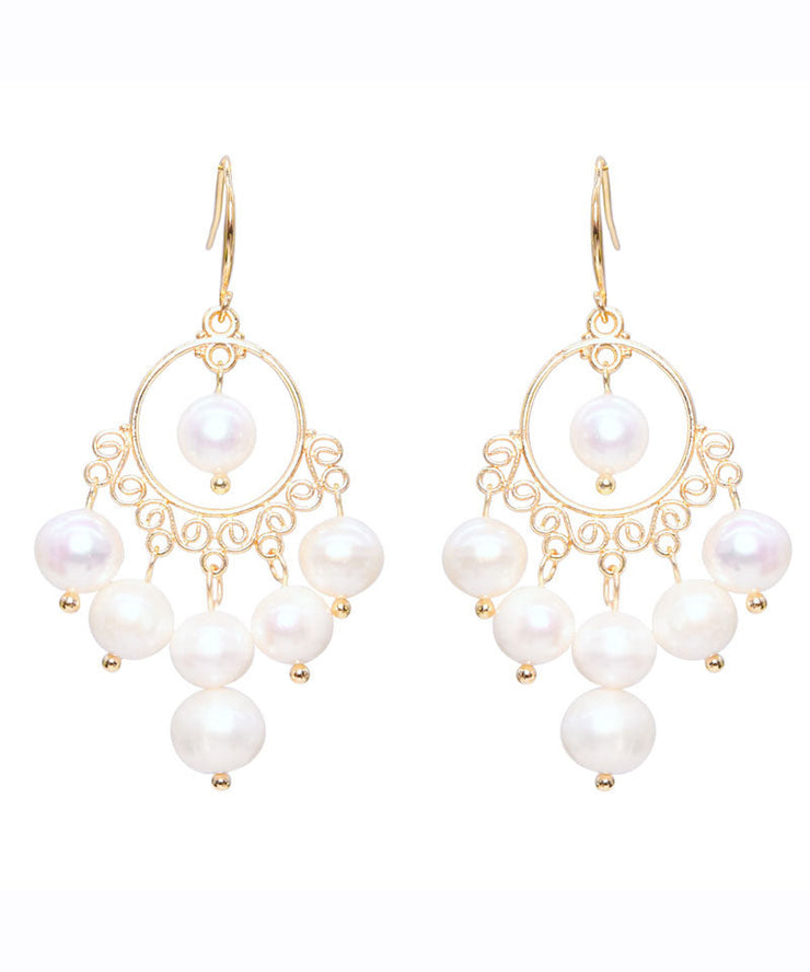 Fashion White 14K Gold Pearl Tassel Drop Earrings