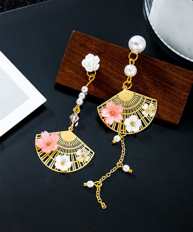 Fashion White Alloy Inlaid Crystal Pearl Asymmetricar Fan Shaped Drop Earrings