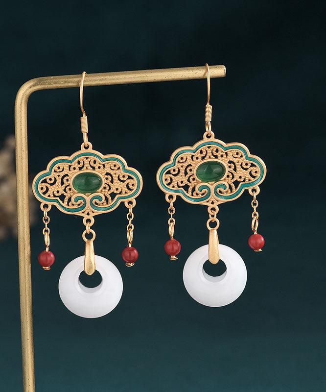 Fashion White Alloy Inlaid Gem Stone Jade Cloisonne Enamel Tassel Ping Buckle Drop Earrings