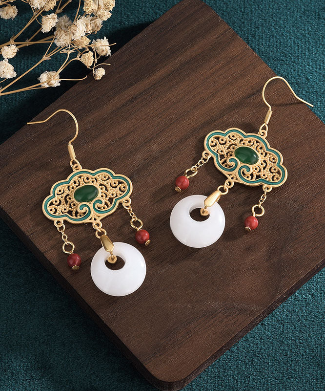 Fashion White Alloy Inlaid Gem Stone Jade Cloisonne Enamel Tassel Ping Buckle Drop Earrings