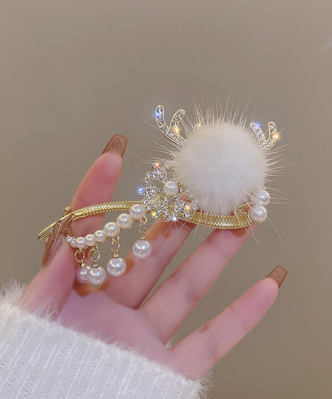 Fashion White Alloy Pearl Zircon Antler Snowflake Hairpin