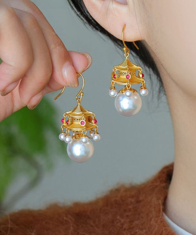 Fashion White Ancient Gold Pearl Agate Palace Lantern Drop Earrings