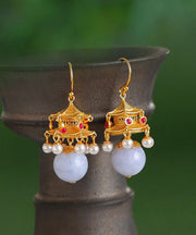 Fashion White Ancient Gold Pearl Agate Palace Lantern Drop Earrings