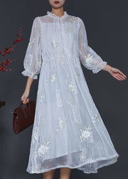 Fashion White Embroidered Silk Cinched Dresses Summer