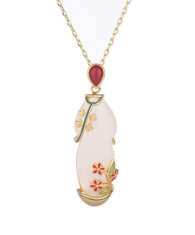 Fashion White Inlaid Jade Cloisonne Pendant Necklace