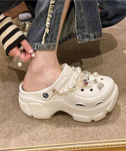 Fashion White Nail Bead Hollow Out Platform Slide Sandals