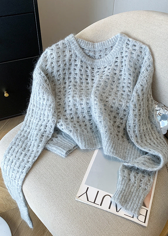 Fashion White O Neck Hollow Out Knit Pullover Fall