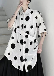 Fashion White Peter Pan Collar Dot Cotton Shirts Mens Summer