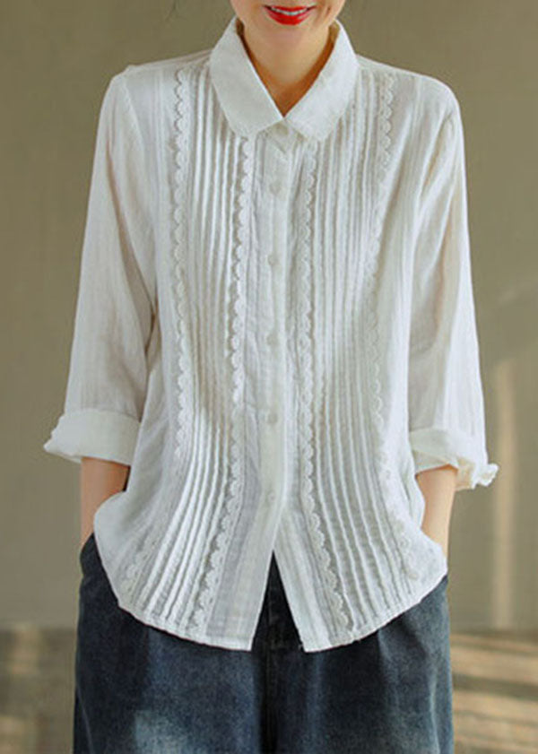 Fashion White Peter Pan Collar Lace Patchwork Wrinkled Cotton Shirt Top Spring