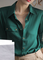 Fashion White Peter Pan Collar Pockets Button Silk Shirts Long Sleeve