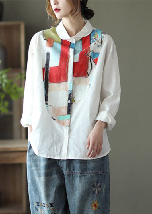 Fashion White Peter Pan Collar Print Button Linen Shirt Long Sleeve