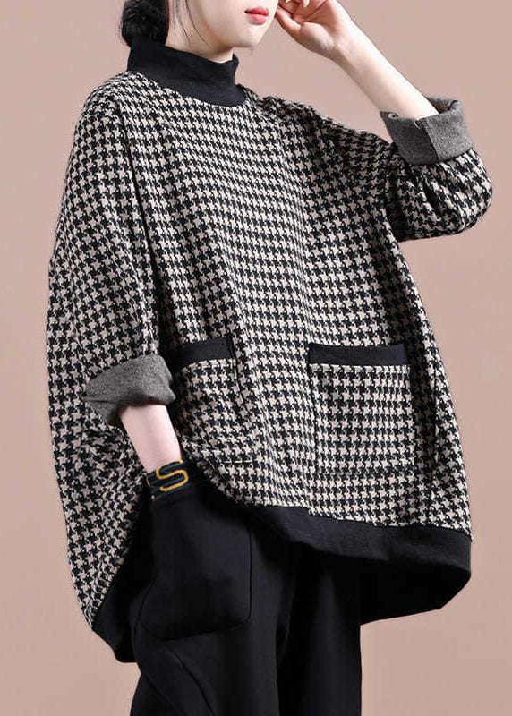 Fashion White Plaid Turtleneck Pockets Patchwork Top Long Sleeve