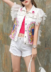 Fashion White Ruffled Sequins Nail Bead Patchwork Denim Vest Sleeveless