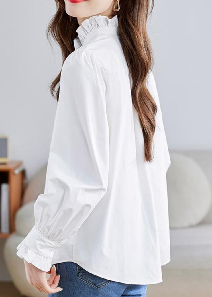 Fashion White Stand Collar Ruffled Patchwork Button Shirt Puff Sleeve