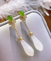 Fashion White Sterling Silver Overgild Jade Magnolia Drop Earrings