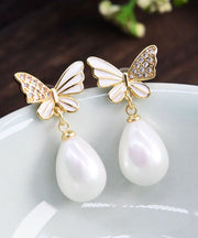 Fashion White Sterling Silver Zircon Butterfly Shell Water Drop Drop Earrings