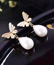 Fashion White Sterling Silver Zircon Butterfly Shell Water Drop Drop Earrings