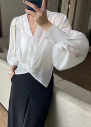 Fashion White V Neck Asymmetrical Silk Thin Shirts Spring