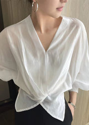 Fashion White V Neck Asymmetrical Silk Thin Shirts Spring