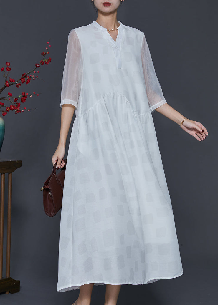 Fashion White V Neck Draping Silk Long Dresses Half Sleeve