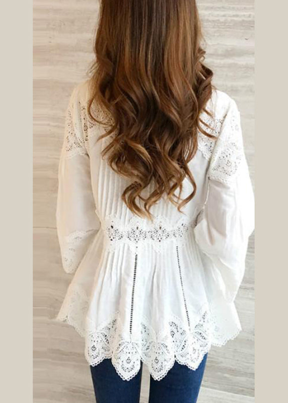 Fashion White V-Neck Ruffles Hollow Out Shirts Spring