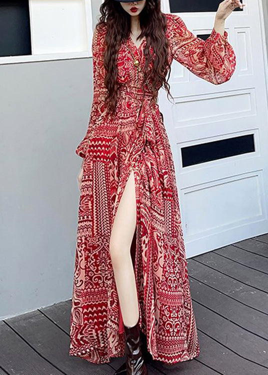 Fashion Wine Red V Neck Print Side Open Patchwork Long Dresses Fall