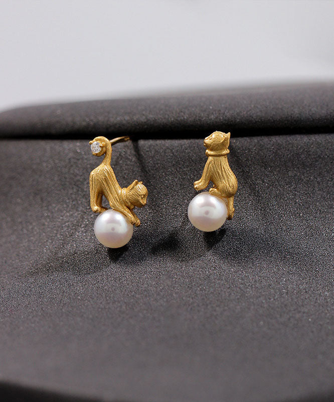 Fashion Yellow 14K Gold Cute Cats Pearl Asymmetrical Design Stud Earrings