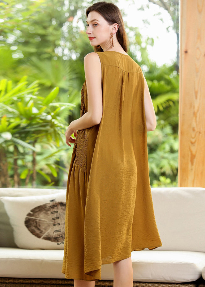 Fashion Yellow Asymmetrical Patchwork Wrinkled Cotton Dress Sleeveless