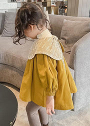 Fashion Yellow Bow Button Cotton Girls Trench Outwear Spring