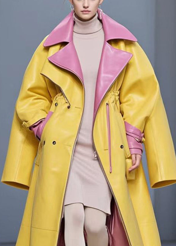 Fashion Yellow Cinched Patchwork Faux Leather Coat Fall