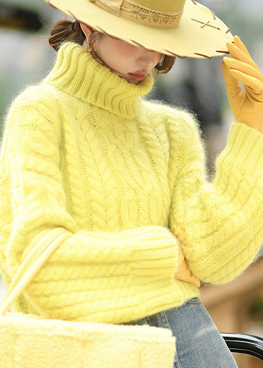 Fashion Yellow Hign Neck Thick Ma Hai Mao Short Knit Sweaters Winter