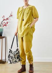 Fashion Yellow O-Neck Wrinkled Silk 2 Piece Outfit Summer