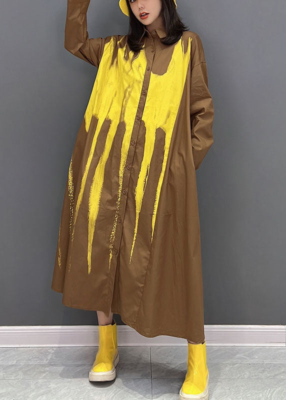 Fashion Yellow Oversized Tie Dye Cotton Holiday Dress Fall