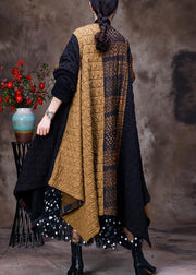 Fashion Yellow Patchwork Black Asymmetrical O-Neck Thick Maxi Coat Long Sleeve