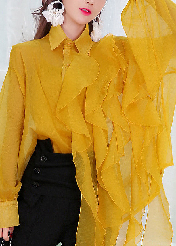 Fashion Yellow Peter Pan Collar Asymmetrical Button Chiffon Shirts Lantern Sleeve