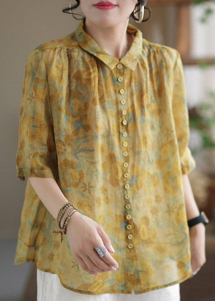 Fashion Yellow Peter Pan Collar Print Linen Shirt Half Sleeve