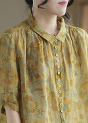 Fashion Yellow Peter Pan Collar Print Linen Shirt Half Sleeve