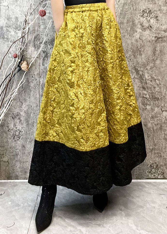 Fashion Yellow Pockets Jacquard Patchwork Silk Wide Leg Pants Spring