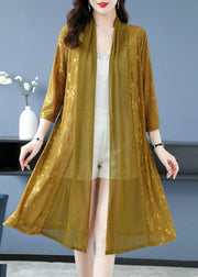 Fashion Yellow Print Patchwork Maxi Ice Size Chiffon Cardigans Long Sleeve