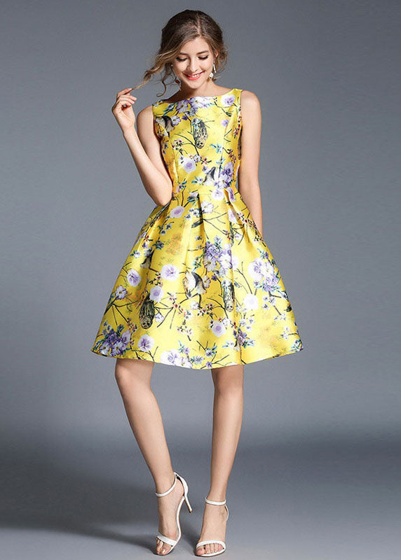 Fashion Yellow Print Wrinkled Patchwork Cotton Mid Dress Sleeveless