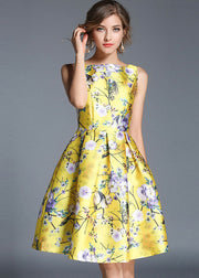 Fashion Yellow Print Wrinkled Patchwork Cotton Mid Dress Sleeveless