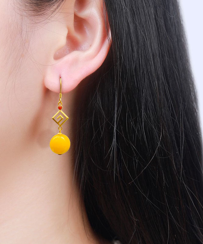 Fashion Yellow Sterling Silver Overgild Beeswax Agate Drop Earrings