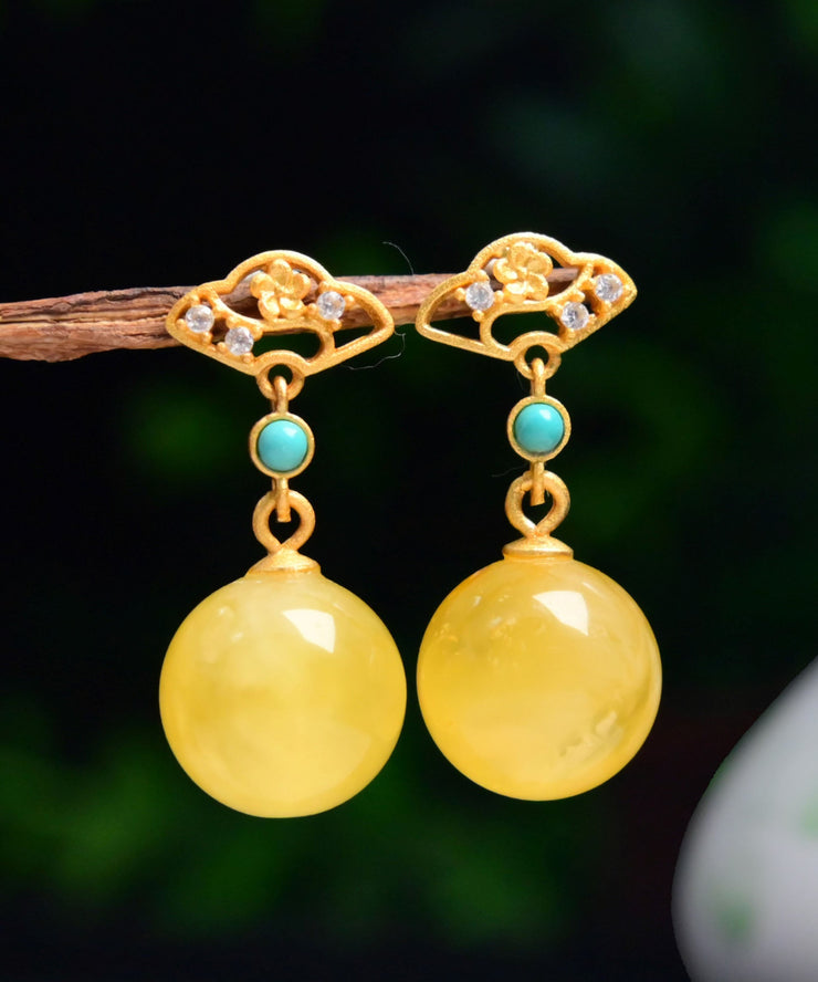 Fashion Yellow Sterling Silver Overgild Turquoise Beeswax Drop Earrings