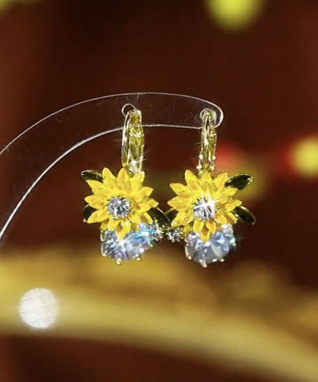 Fashion Yellow Sterling Silver Overgild Zircon Sunflower Drop Earrings