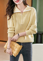 Fashion Yellow Zip Up Patchwork Warm Woolen Sweater Tops Fall